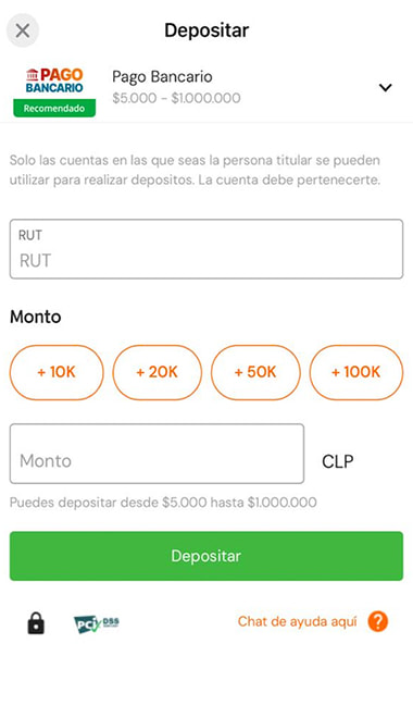 Formulario de depósito por pago bancario con CuentaRUT y el monto.
