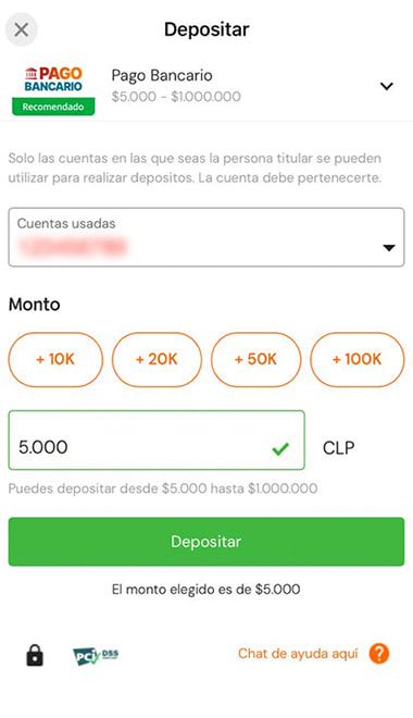 Formulario de depósito con la cuenta bancaria seleccionada y un monto de 5.000 CLP.