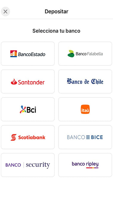 Pantalla para seleccionar el banco al depositar en Betsson Chile.