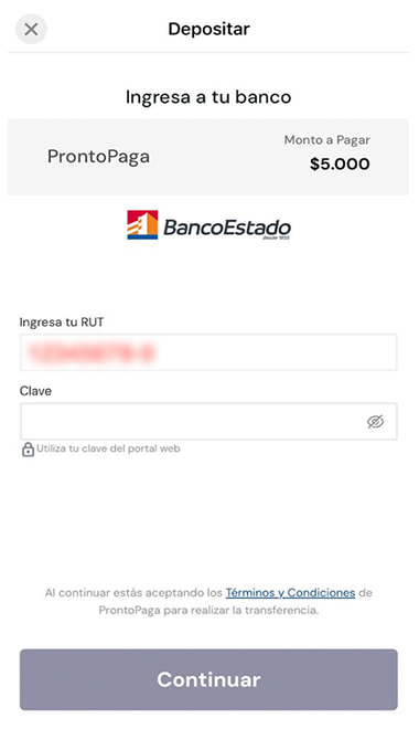 Pantalla de acceso al banco de prontoPaga para completar el depósito.