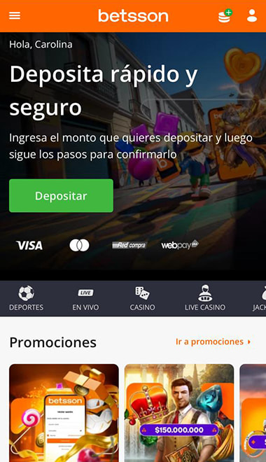 Pantalla principal de Betsson con banner de depósito y métodos de pago disponibles