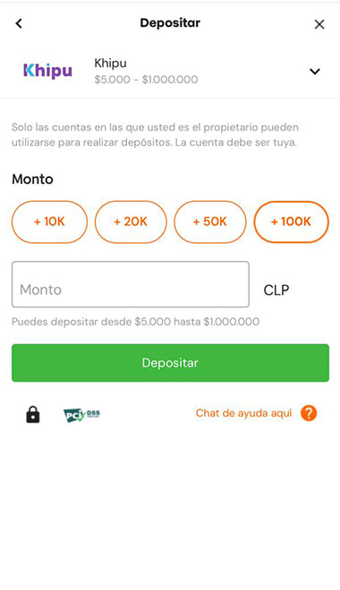 Formulario de depósito con Khipu en Betsson con montos rápidos y campo manual en CLP