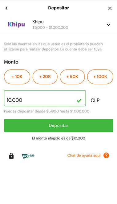 Depósito con Khipu en Betsson con CLP $10.000 ingresado y validado para confirmar