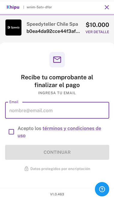 Plataforma Khipu con formulario de email para recibir el comprobante del depósito