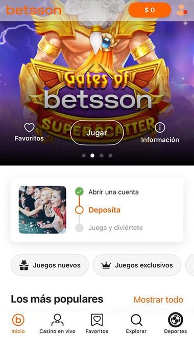 La pantalla principal de la app Betsson con un juego destacado y el menú inferior para depositar