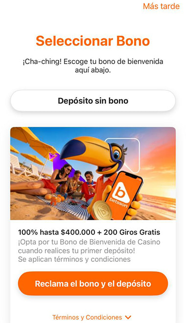 La selección del bono de bienvenida en Betsson con la oferta y el botón de reclamo