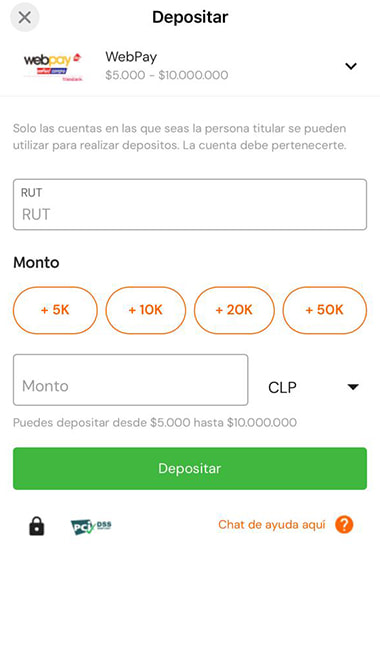 El formulario de depósito con WebPay y la selección del monto en pesos chilenos