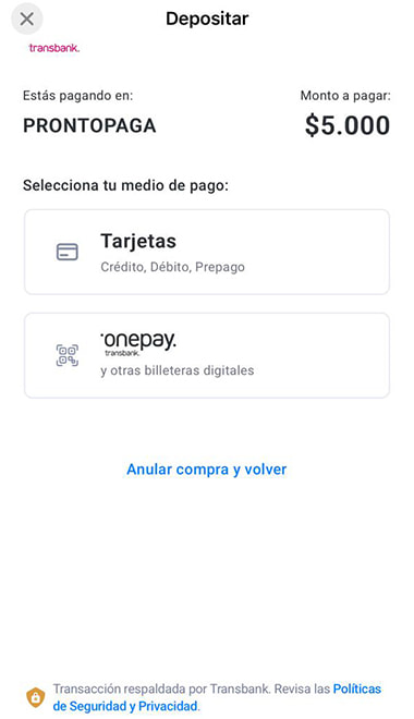 La pantalla de pago de Transbank con la selección del método tarjeta o Onepay