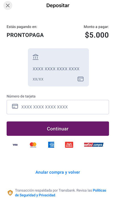El formulario de pago con tarjeta en Transbank para el depósito en Betsson