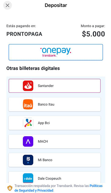 La selección de billeteras digitales en Transbank con la opción Onepay y bancos