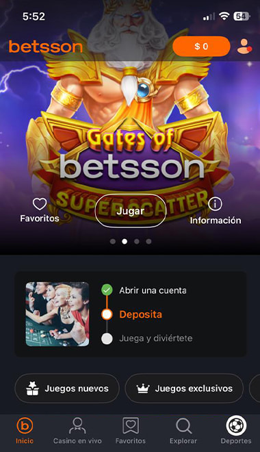 Pantalla de inicio de Betsson con acceso al proceso de depósito.
