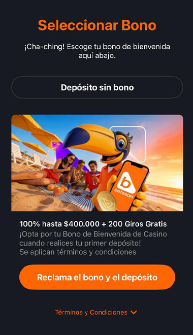 Pantalla de selección del bono de bienvenida antes de realizar el depósito.