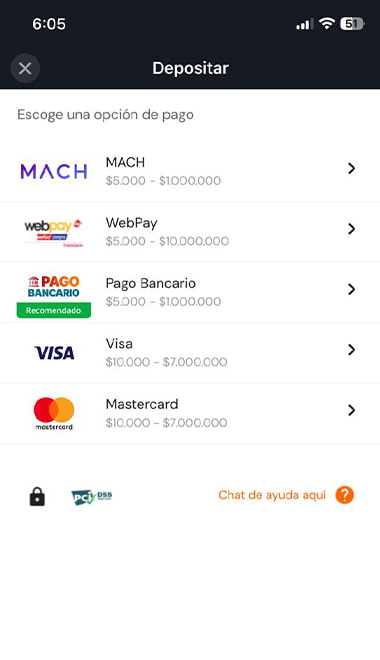 Pantalla de depósito de Betsson con métodos de pago disponibles en Chile.