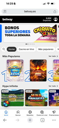 Página principal de Betway con juegos destacados y promoción de bonos.