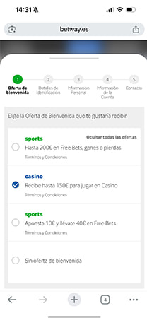 Selección de oferta de bienvenida durante el registro en Betway.