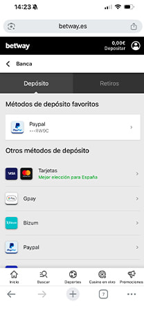 Métodos de depósito disponibles en Betway, incluyendo PayPal y Bizum.