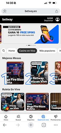 Sección Casino en Vivo de Betway con mesas destacadas.