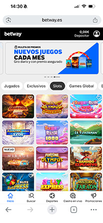 Catálogo de tragamonedas de Betway con cuadrícula de juegos.