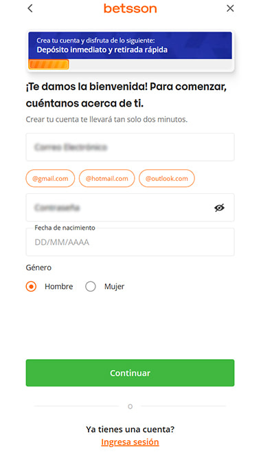 Registro e inicio de sesión en la app de Betsson