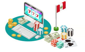 Ordenador con casinos online, dados, dinero y fichas de casino junto a la bandera de Perú.