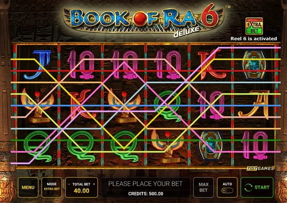 Imagen de la pantalla de juego de la tragaperras Book of Ra. Hay varias líneas de pago marcadas con diferentes colores. Por sus 6 rodillo y 3 líneas se ven varios de los símbolos, como un escarabajo, un 10 rosa, una Q verde y una imagen del dios-halcón Ra.