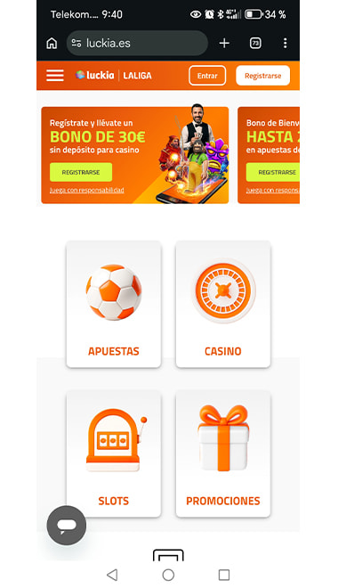 Página principal de Luckia con acceso a apuestas, casino, slots y promociones.