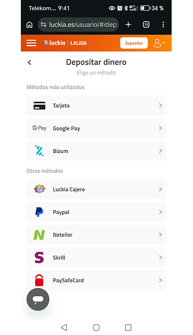 Métodos de depósito disponibles en Luckia, incluyendo tarjeta, Bizum y PayPal.