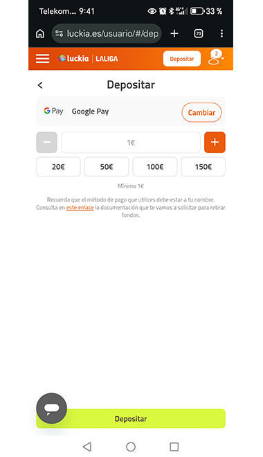 Pantalla de Google Pay para depositar 1€ en la cuenta.