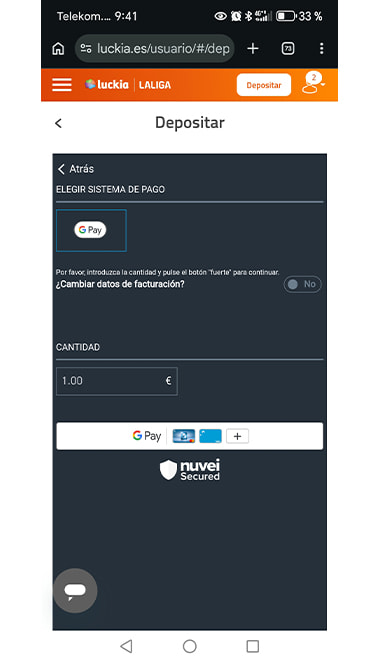 Pantalla para confirmar el depósito.