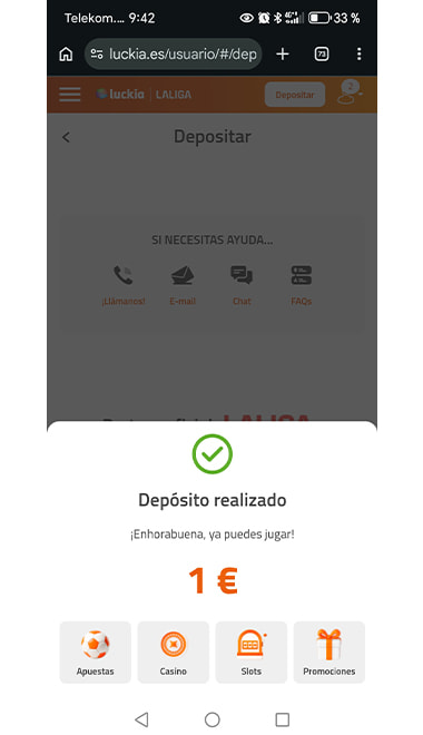 Pantalla de confirmación del depósito.
