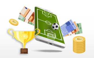 Ilustraciones de un trofeo, monedas, billetes y un estadio de fútbol