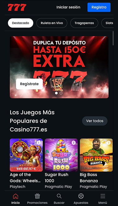 Pantalla principal de la app del casino777 en España.