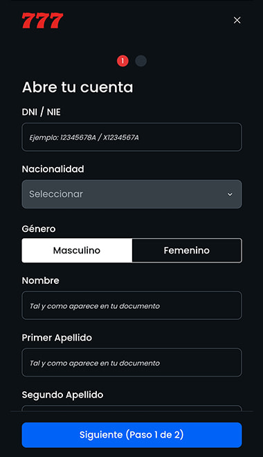 Pantalla de registro de una cuenta de usuario en casino777.