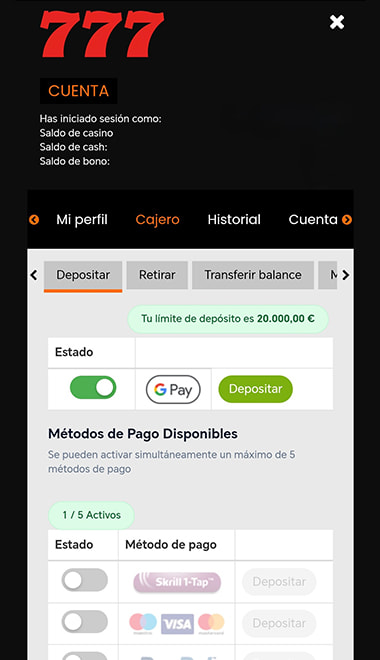 Pantalla con los métodos de pago, con Google Pay en destacado.