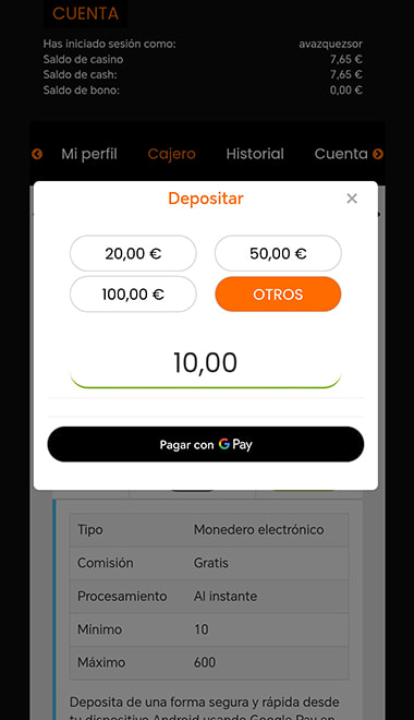 Pantalla de confirmación del importe para depositar con Google Pay.