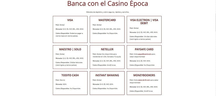 Todos los métodos para depósitos y retiros de Casino Epoca