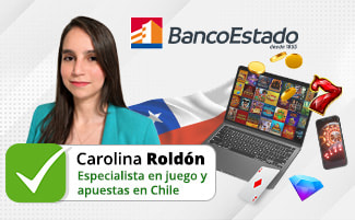 La autora Carolina Roldón junto a un portátil con juegos de casino y el logo de CuentaRUT