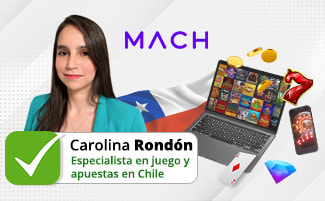 La autora Carolina Rondón junto a un portátil con juegos de casino y el logo de MACH
