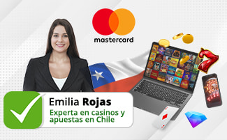 La autora Emilia Rojas al lado de la bandera de Chile y de un logo de MasterCard, un portátil y fichas de casino apiladas