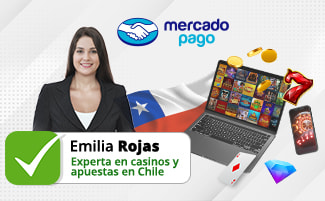 La autora Emilia Rojas con un portátil mostrando un casino online, el logo de Mercado Pago y la bandera de Chile.