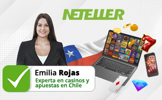 La autora Emilia Rojas al lado de la bandera de Chile y del logo de Neteller, un portátil y fichas de casino apiladas
