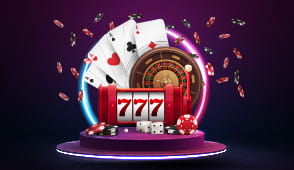 Juegos de casinos online con dinero real: una ruleta, cartas de blackjack, una tragamonedas y fichas de casino.