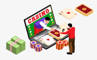 Una computadora y con cartas, fichas de casino y billetes