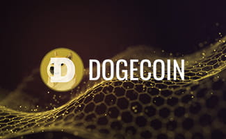 Logo de Dogecoin sobre fondo amarillo y negro