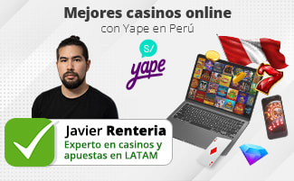 EL autor Javier Renteria junto al logo de Yape y a una laptop en la que aparecen juegos de casino, y una bandera del Perú arriba.