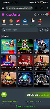 Sección de casino en vivo de Codere con mesas disponibles.