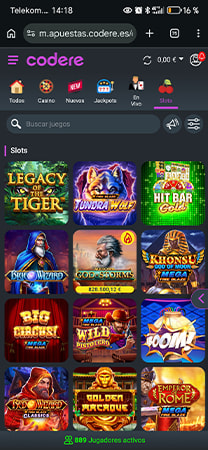 Catálogo de tragamonedas de Codere con cuadrícula de juegos.