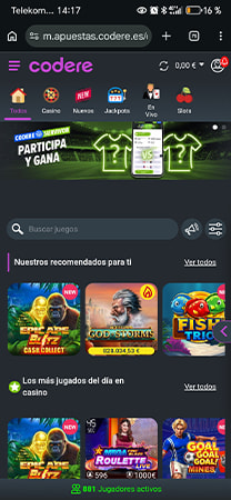 Página principal de Codere con acceso a casino, apuestas y slots.