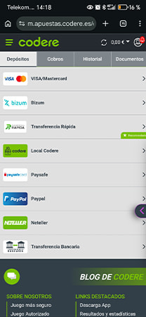 Métodos de depósito de Codere, incluyendo Bizum, PayPal y transferencia bancaria.