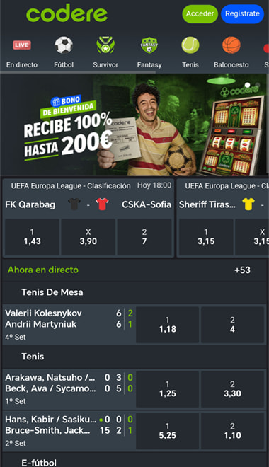 Pantalla de inicio de la casa de apuestas Codere.